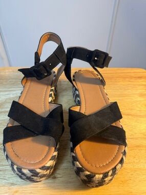 Black Platform Sandals with Leopard-Print Wedge and Ankle Strap